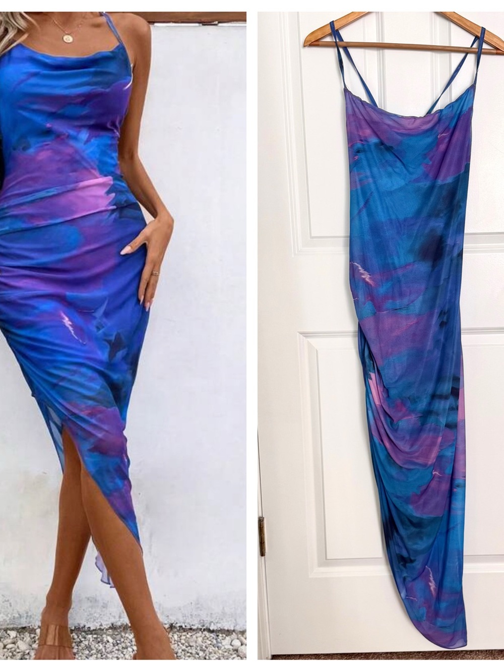 Blue & Purple Tie-Dye Slip Midi Dress Spaghetti Strap tie back rushed Size XL